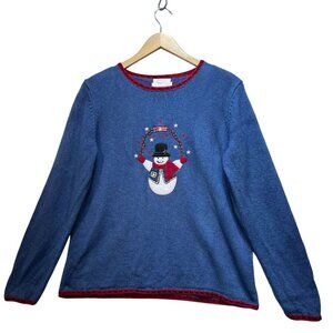 C.J. Banks Womens Holiday Sweater Size X Blue Christmas Snowman Hand Embroidered